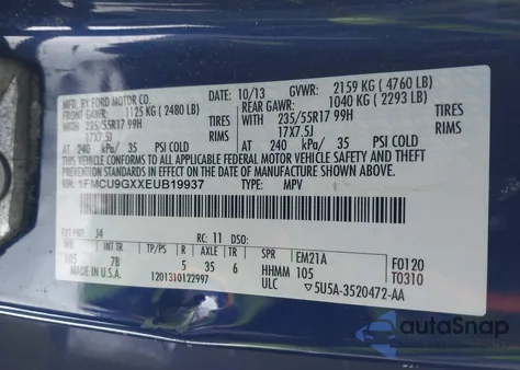 2014 Ford Escape Se из США, поврежденный, VIN 1FMCU9GXXEUB19937